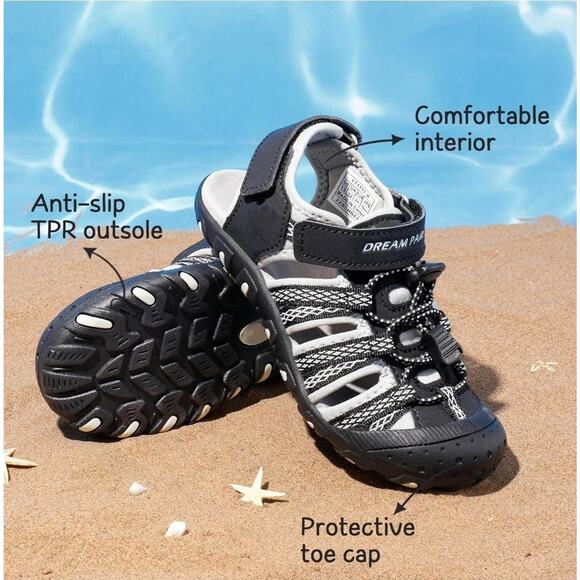 DREAM PAIRS Kids Outdoor Sport Sandals, Closed Toe Adjustable, Black/White, 13 - Picture 4 of 5